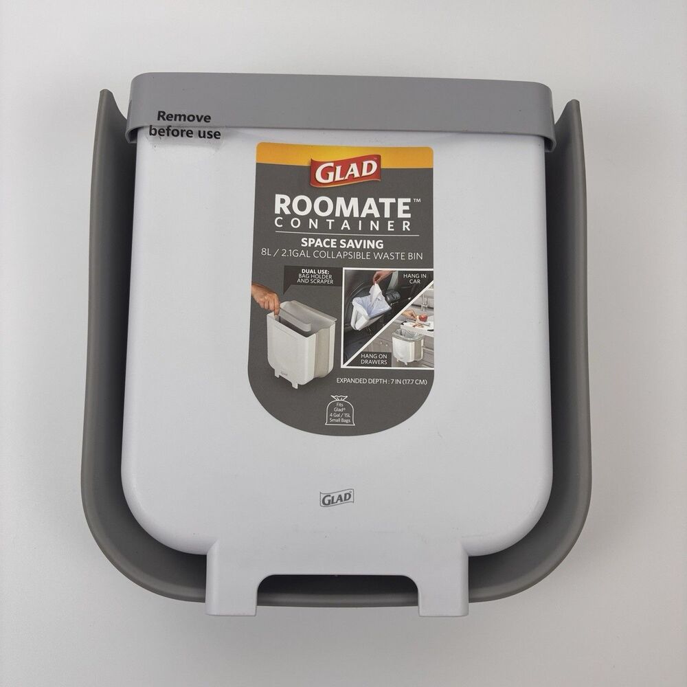 Glad Roomate 2.1 Gallon Collapsible Hanging Trash Can Bin White 8L GLD-74079